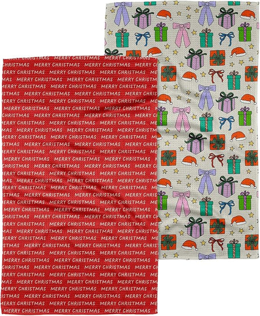 GEOMETRY Christmas Kitchen Towels Quick Dry Microfiber 2 Pack Merry Xmas Wrapped Up Holiday Cheer