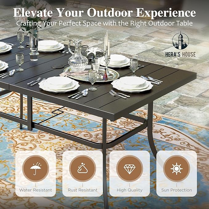 HERA'S HOUSE 7 Pieces Patio Table and Chairs Set, Outdoor Dining Set for 7, 6 x Cushioned Woven Rattan Patio Chairs and 1 x Black Metal Table with Umbrella Hole, Outdoor Rattan Dining Set for Lawn