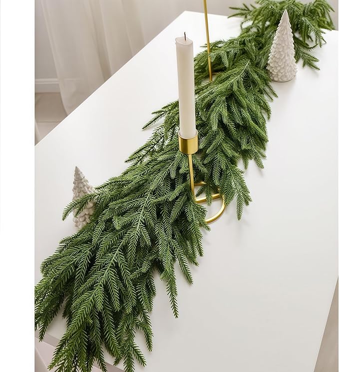Christmas Decorations Artificial Norfolk Pine Garlands 6FT, Real Touch Winter Pine Garland, Green Artificial Greenery Garland for Table, Mantle, Wall, Indoor, Outdoor Decorations