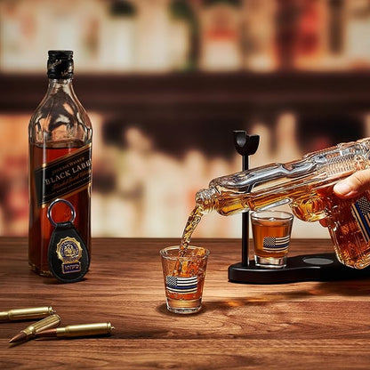 Police Flag Gifts for Men Dad, Father Whiskey Decanter Set - 8 Oz with Two 2 Oz Glasses, American Pistol Gun Anniversary Birthday, Home Bar Gifts, First Responder Present Dispenser, Husband Bar Gift