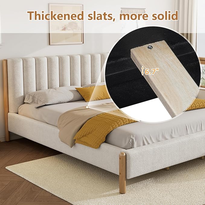 King Size Bed Frame, Upholstered Cloud Boucle Platform Beds Frames with Headboard, Anti-Collision Soft Rounded Corners Footboard, No Box Spring Required, Easy Assembly (42.5" White, King)