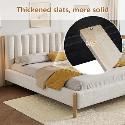 King Size Bed Frame, Upholstered Cloud Boucle Platform Beds Frames with Headboard, Anti-Collision Soft Rounded Corners Footboard, No Box Spring Required, Easy Assembly (42.5" White, King)