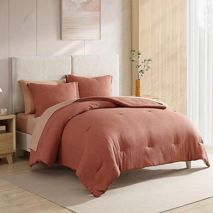 Geniospin Queen Size Comforter Set- 7 Pieces Terracotta Textured King Bedding Set, Soft Solid Bed in a Bag for All Seasons, Fall Comforter Set with Sheets