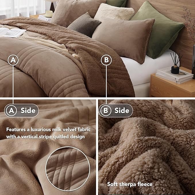 Monbix Fluffy King Size Comforter Set Brown, Sherpa Plush Fuzzy Comforter 3 Piece for King Size Bed, Luxury Soft Winter Warm Bedding Set