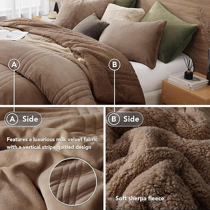 Monbix Fluffy King Size Comforter Set Brown, Sherpa Plush Fuzzy Comforter 3 Piece for King Size Bed, Luxury Soft Winter Warm Bedding Set