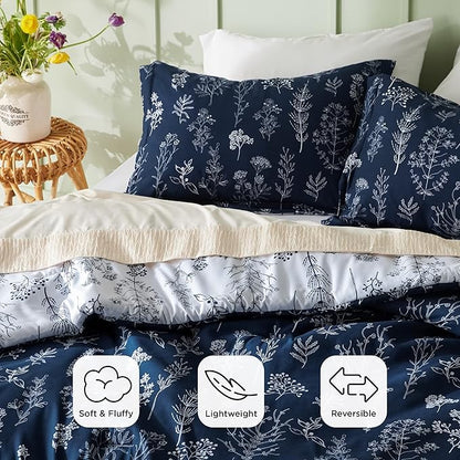 Bedsure Twin/Twin XL Comforter Set - Navy Bed Set, 2 Pieces Cute Floral Bedding, 1 Soft Reversible Botanical Flowers Comforter and 1 Pillow Sham
