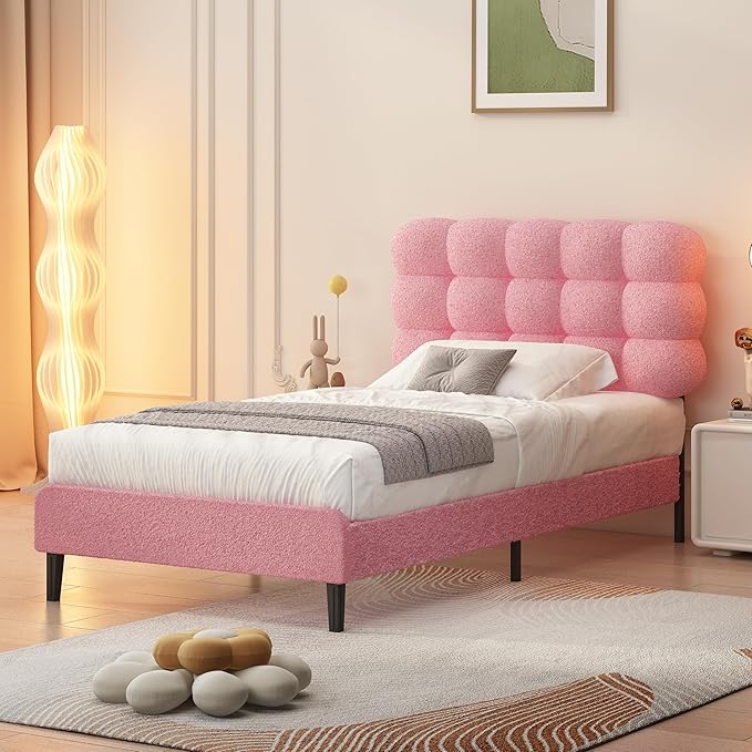 BarnFurin Twin Bed Frame with Upholstered Headboard, Teddy Soft Boucle Fabric, Platform Bed with Strong Wooden Slats Support, Two Bed Forms Design, No Boxing Spring Needed, Easy Assembly, Pink