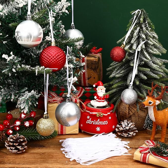 JUNEBRUSHS 300Pcs Christmas Ornament Ribbon Hangers, Hand Tied Ornaments String Ties Ornament Loops Thin Ribbon for Christmas Tree Hanging Decoration White