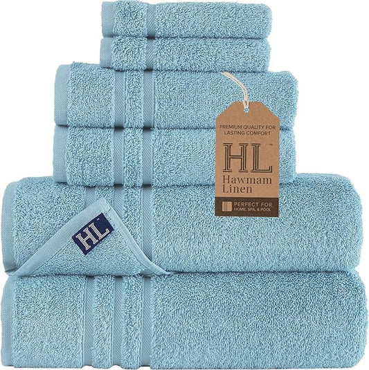 Hawmam Linen Light Blue 6 Piece Bath Towels Set for Bathroom Original Turkish Cotton Soft Absorbent and Premium Bath Towels Hand Towels