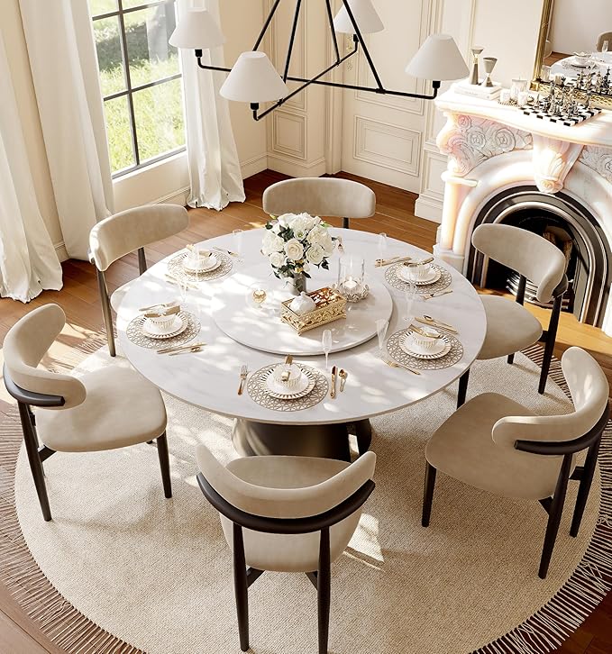 POVISON Round Dining Table for 4, 47" Modern Round Dining Table Built in Lazy Susan, Matte Sintered Stone Tabletop with Black Carbon Steel Pedestal, White