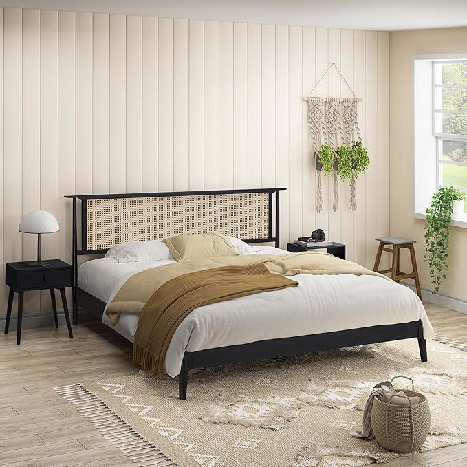 NTC Ruby Wooden Bed Frame with Headboard and Natural Rattan, Solid Oak Foundation with Silent Slats, 1000 Lb Capacity, Effortless Assembly, King - Burnt Black