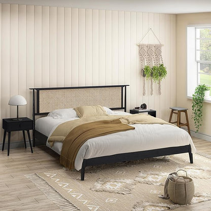 NTC Ruby Wooden Bed Frame with Headboard and Natural Rattan, Solid Oak Foundation with Silent Slats, 1000 Lb Capacity, Effortless Assembly, King - Burnt Black