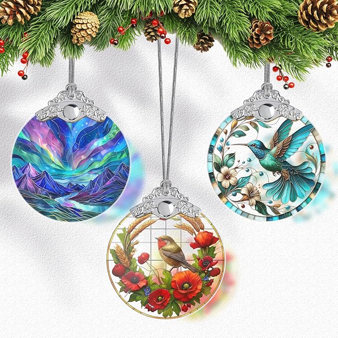 Stained Glass Birds Christmas Ornaments, Birds Christmas Tree Decoration, Hanging Xmas Tree Decor, Gift Idea
