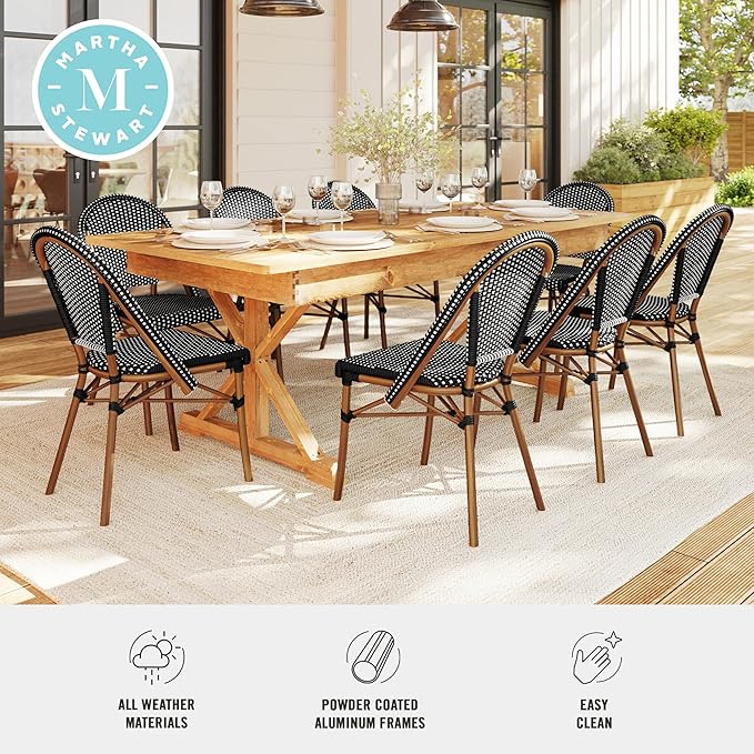 Martha Stewart Lily Pond Indoor Outdoor Stackable Aluminum Bistro Outdoor Chair with Natural Woodgrain Frame Finish and Black/White Woven Rattan Backrest and Seat