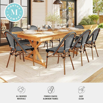 Martha Stewart Lily Pond Indoor-Outdoor Stackable Bistro Outdoor Chairs with Natural Woodgrain Aluminum Frame Finish, Black/White Woven Rattan Backrests/Seats, Set of 2