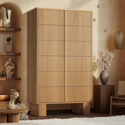 Fluted Dresser for Bedroom with 6 Drawers, 51'' H Modern Chest of Drawers with Wooden Handle, Wooden Dresser TV Stand, Wood Closet Clothes Storage Organizer for Living Room, Hallway, Light Oak