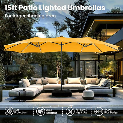 PHI VILLA 15ft Large Patio Umbrella with Solar Lights, Double-Sided Outdoor Market Rectangle Umbrellas with 36 LED Lights, Umbrella Base (Stand) Included, Golden Yellow