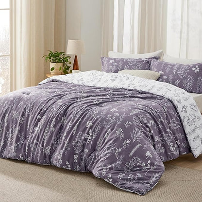 Bedsure Full Comforter Set - Grayish Purple Bed Set, 3 Pieces Cute Floral Bedding, 1 Soft Reversible Botanical Flowers Comforter and 2 Pillow Shams