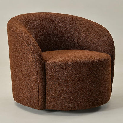 KINWELL Sherpa Swivel Barrel Chair & Round Ball Pillow Set - 34" Wide Modern Boucle Accent Chair with 9” Matching Nordic Decorative Throw Pillow for Living Room and Bedroom(Brown)