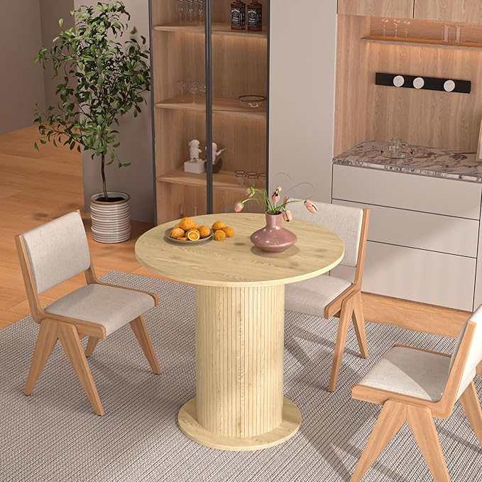 31.5 inch Round Dining Table for 2, Modern Farmhouse Kitchen Table, Small Circle Dining Tables with Wood Strip Base for Kitchen Living Room (Natural)