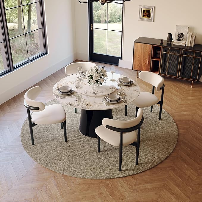 POVISON Round Dining Table for 4, 47" Modern Dining Table with 23" Lazy Susan, Pandora Sintered Stone Dining Tabletop with Black Carbon Steel Pedestal(Dining Table Only)