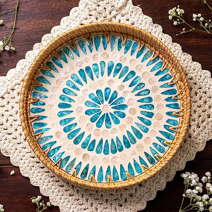 JUNGLE CULTURE Rattan Serving Tray 12" with Mother of Pearl Inlay • Coastal Boho Collection • Handcrafted Woven with Handles for Home • Round Dining Tray • Wicker Serving Basket – Ripple