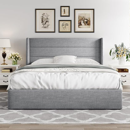 Allewie Full Size Lift Up Storage Bed, Modern Wingback Headboard, Hydraulic Support, No Box Spring Needed, Light Grey