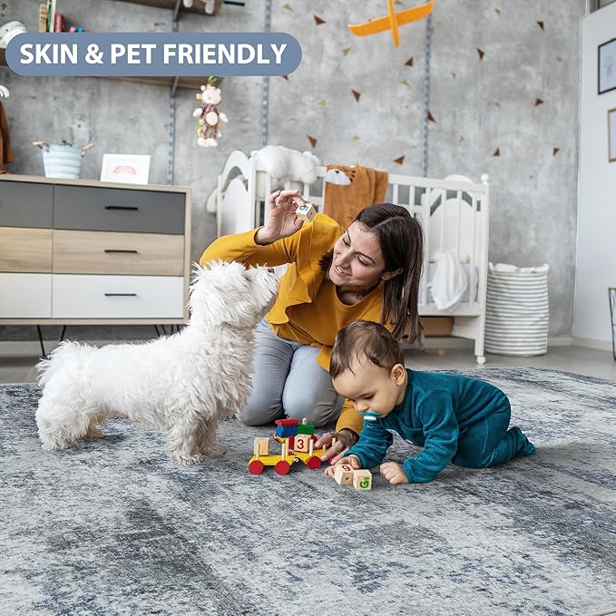 4x6 Area Rugs for Living Room Rug Washable: Abstract Rug for Dining Room Bedroom Carpet Non Slip 4 by 6 Indoor Modern Nursery Home Office Blue Grey