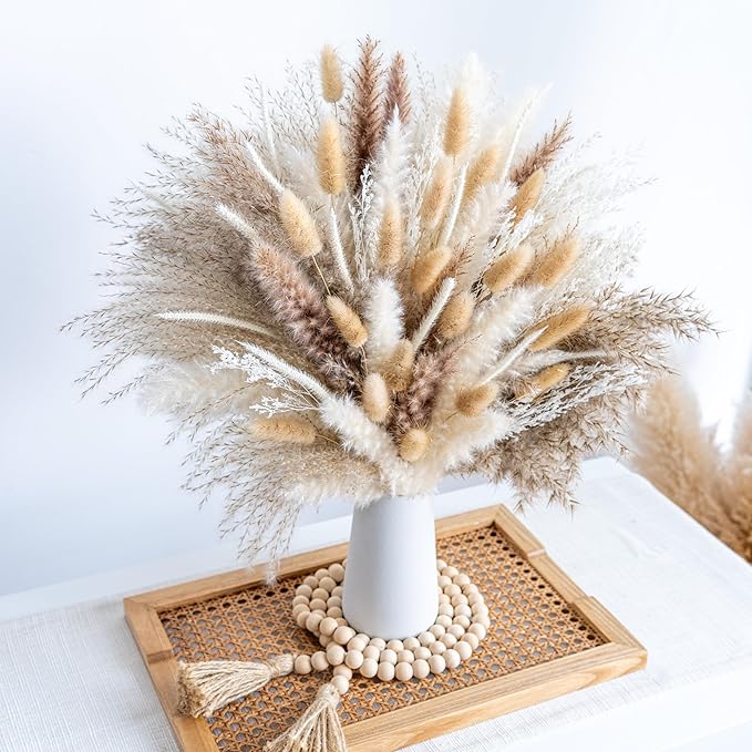 150pcs Pampas Grass + 1 White Ceramic vase + 1 Wood Bead Garland , Boho Home Decor Bouquet Phragmites Dried Flowers Bouquet for Wedding Floral Arrangements Home Decorations