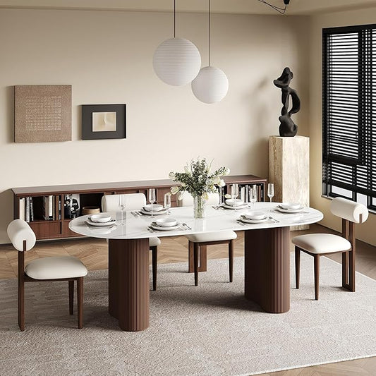 71" Modern Oval Dining Table for 6, Glossy White Sintered Stone Dining Tabletop with Brown Dual-Pedestal, Easy Assembly Dining Room Table for Home Kitchen (Table Only)