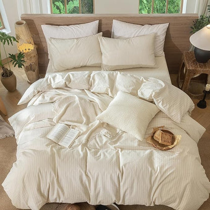 MooMee Striped Duvet Cover Set 100% Washed Cotton Linen Like Textured Breathable Durable Soft Comfy (Almond Milk Grey White Wide Stripes, Super Queen 90"x98")