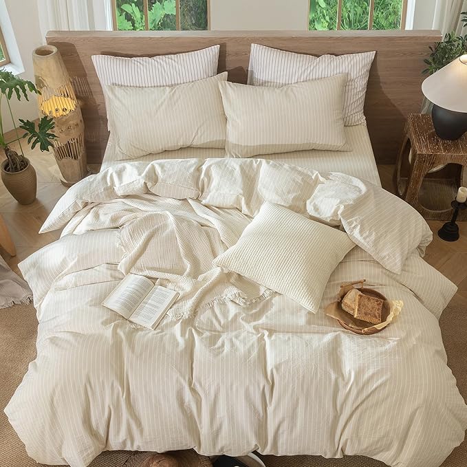 MooMee Striped Duvet Cover Set 100% Washed Cotton Linen Like Textured Breathable Durable Soft Comfy (Almond Milk Grey White Wide Stripes, Oversized King Plus 128"x120")
