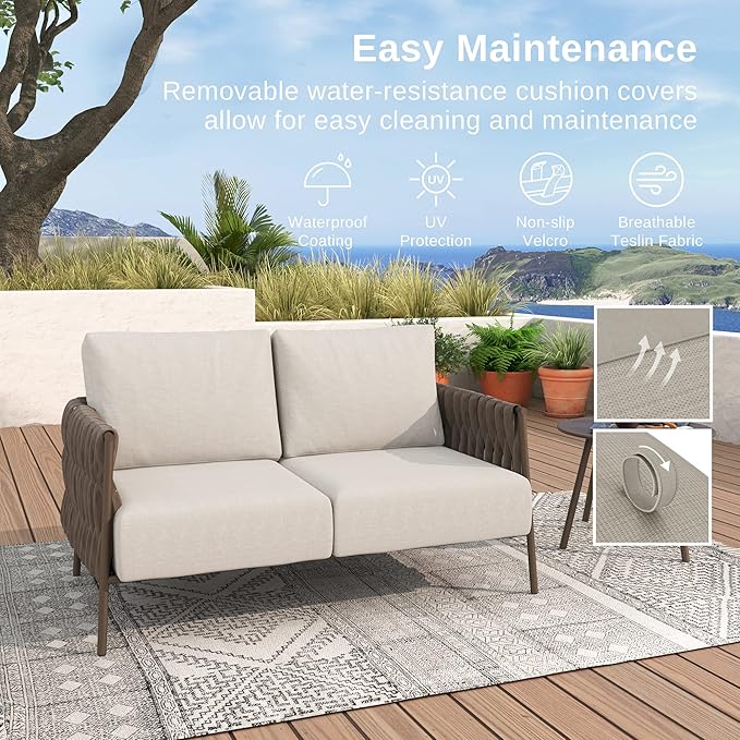 EAST OAK Life Chatter Loveseat, Outdoor Seating for Garden, Balcony, Backyard, Chestnut Brown & Creamy Apricot
