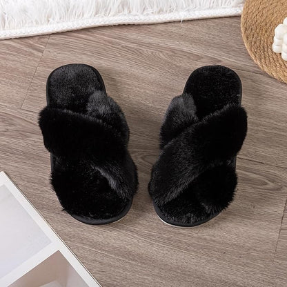 Women's Slipper Memory Foam Cross Band Fuzzy Slippers Open Toe Cozy House Slippers Cozy Plush Bedroom Indoor Outdoor