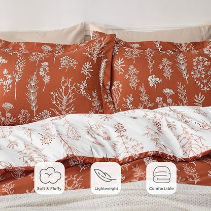 Bedsure Queen Comforter Set - Terracotta Bed Set, 3 Pieces Cute Floral Bedding, 1 Soft Reversible Botanical Flowers Comforter and 2 Pillow Shams