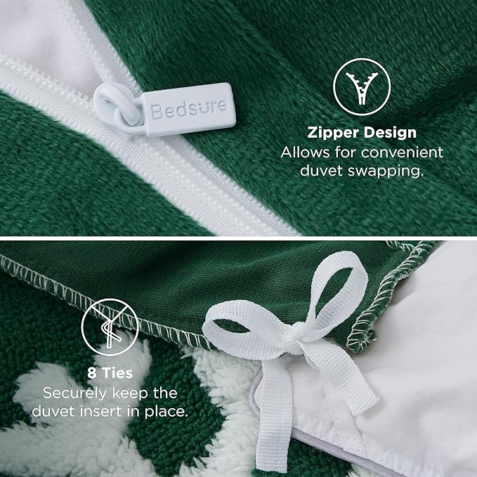 Bedsure Fluffy Christmas Duvet Cover Set - Ultra Soft Plush Shaggy Comforter Cover Queen Size, Warm Flannel Fleece Bed Sets for Winter, 3 Pieces, Gingerbread Man Pattern, Green