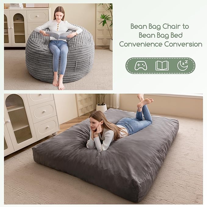 Giant Bean Bag Chair Bed for Adults, Convertible Beanbag Folds from Lazy Chair to Floor Mattress Bed with Machine Washable Cover, Large Floor Sofa Couch with High-Density Foam Filling