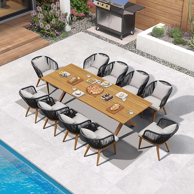 PURPLE LEAF 11 Pieces Patio Dining Table Set with StorageBox Wicker Teak-Finish Outdoor Furniture Rectangular Table and Chairs Set for Garden Deck Backyard Kitchen, Cushions and Pillows Included