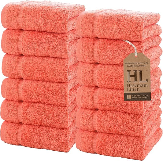 Hawmam Linen Luxury Cotton Washcloths 13x13 Inch - Large Hotel Spa Bath Towels Face Towel 12 Pack, Coral Orange
