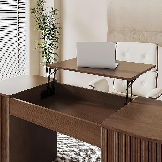 homary Modern 59.8" Standing Desk with Lift-Top & Ample Storage, Fluted Engineered Wood Home Office Desk with 2 Doors, Walnut