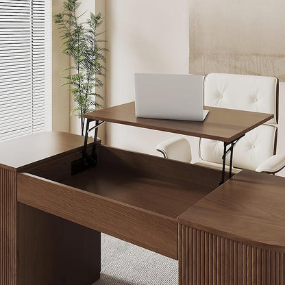 homary Modern 59.8" Standing Desk with Lift-Top & Ample Storage, Fluted Engineered Wood Home Office Desk with 2 Doors, Walnut