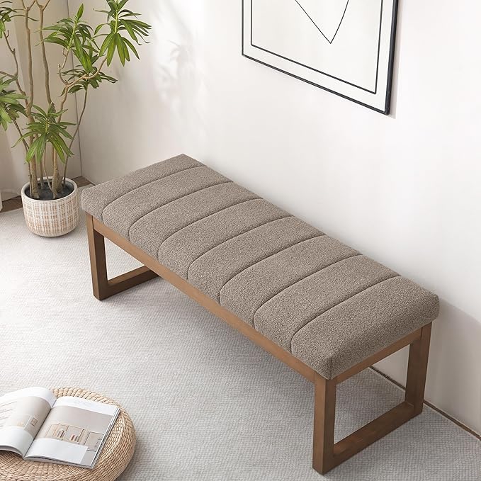 52.7" Bedroom Bench for End of Bed, Modern Upholstered Teddy Fabric Entryway Bench & Dining Bench, Footrest Stool Bench with Solid Wood Frame for Bedroom, Living Room (Dark Brown)