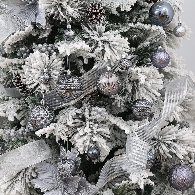 Grey Christmas Ball Ornaments Christmas Tree Decorations with Hang Rope-36pcs Shatterproof Christmas Ornaments Set with 6 Styles in 3 Sizes(Small Medium Large)