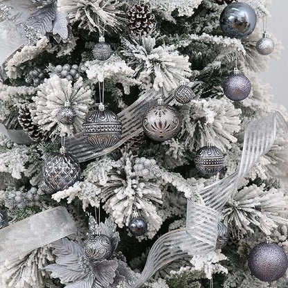 Grey Christmas Ball Ornaments Christmas Tree Decorations with Hang Rope-36pcs Shatterproof Christmas Ornaments Set with 6 Styles in 3 Sizes(Small Medium Large)