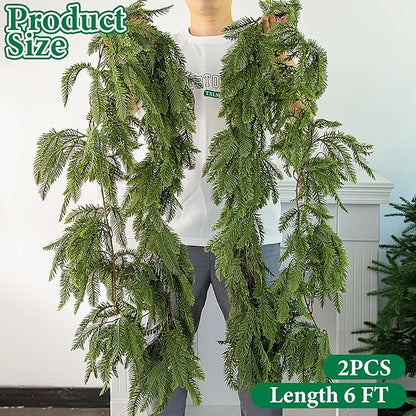 Watayo 2 Pcs Christmas Norfolk Pine Garland, 6 Ft 3 Fork Dense Real Touch Pine Garland Ornament, Realistic Artificial Pines Greenery Garlands for Christmas Holiday Mantle Fireplace Table Home Decor