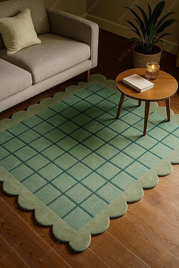 Mint Green Scalloped Edge Wool Area Rug with Checker Grid Design, Hand-Tufted Soft Carpet for Living Room, Bedroom, Nursery, Kids & Playroom Décor - 2.5x12 Ft (Runner)
