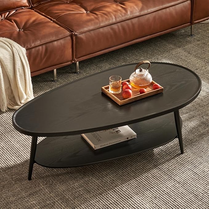 Saint Mossi Modern Black Coffee Table for Living Room, Mid-Century Oval Wood Coffee Table, Double Layer Center Table for Small Space, D47xW23.6xH15