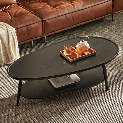 Saint Mossi Modern Black Coffee Table for Living Room, Mid-Century Oval Wood Coffee Table, Double Layer Center Table for Small Space, D47xW23.6xH15