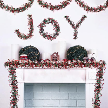 Christmas Garland Xmas Decorations 33 FT Red Green Christmas Tinsel Garland with Snowman Ornaments, Metallic Christmas Tree Garland Indoor Outdoor for Home Mantle Xmas Party Holiday Decor Gifts
