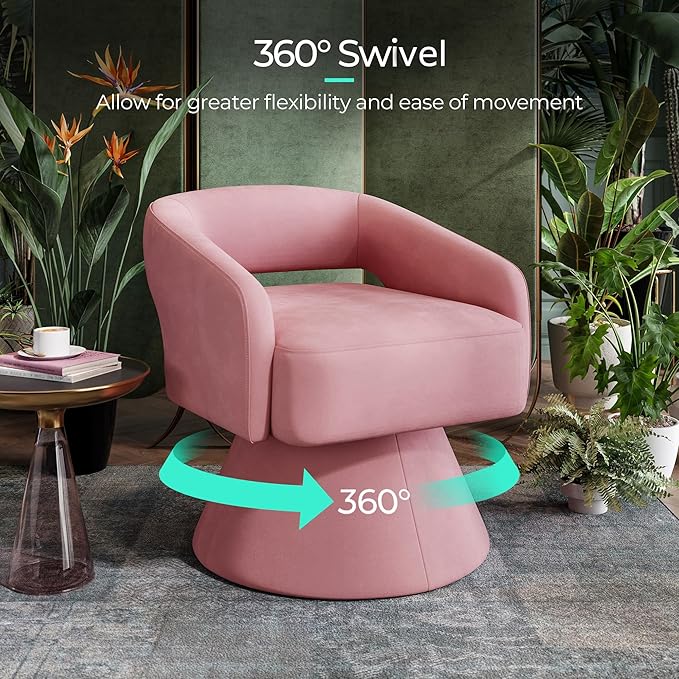 LINSY Swivel Barrel Chair, 360 Modern Swivel Accent Chair Boucle Swivel Chair Round, Pink Velvet Chairs with Arms, Small Barrel Chair for Small Spaces Bedroom Living Room